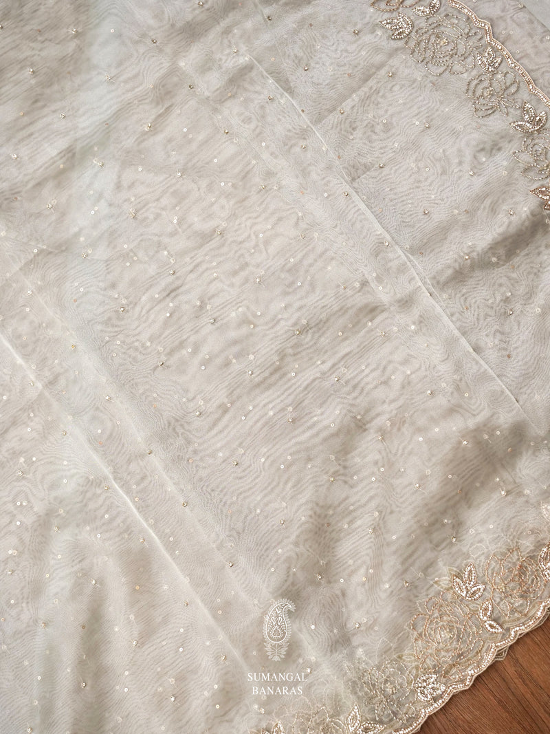 Handwoven Stone White Organza Silk Designer Saree