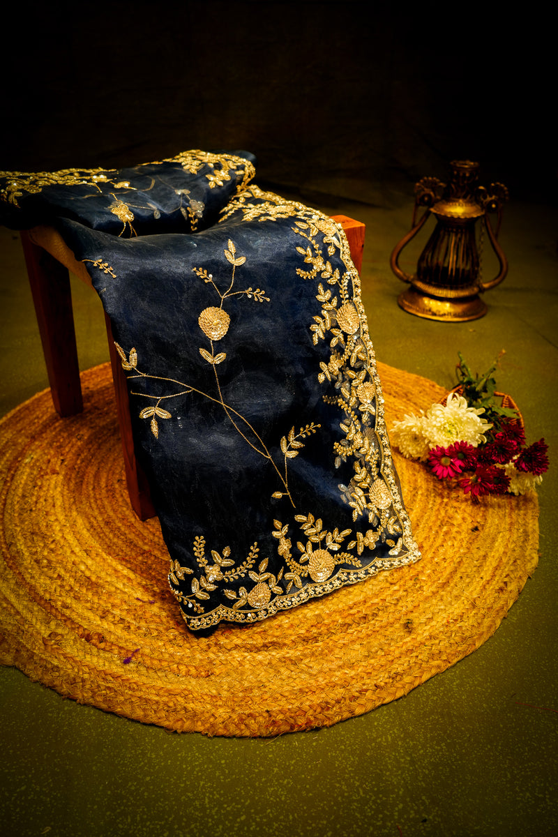 Designer Dark Blue Tissue Silk Saree