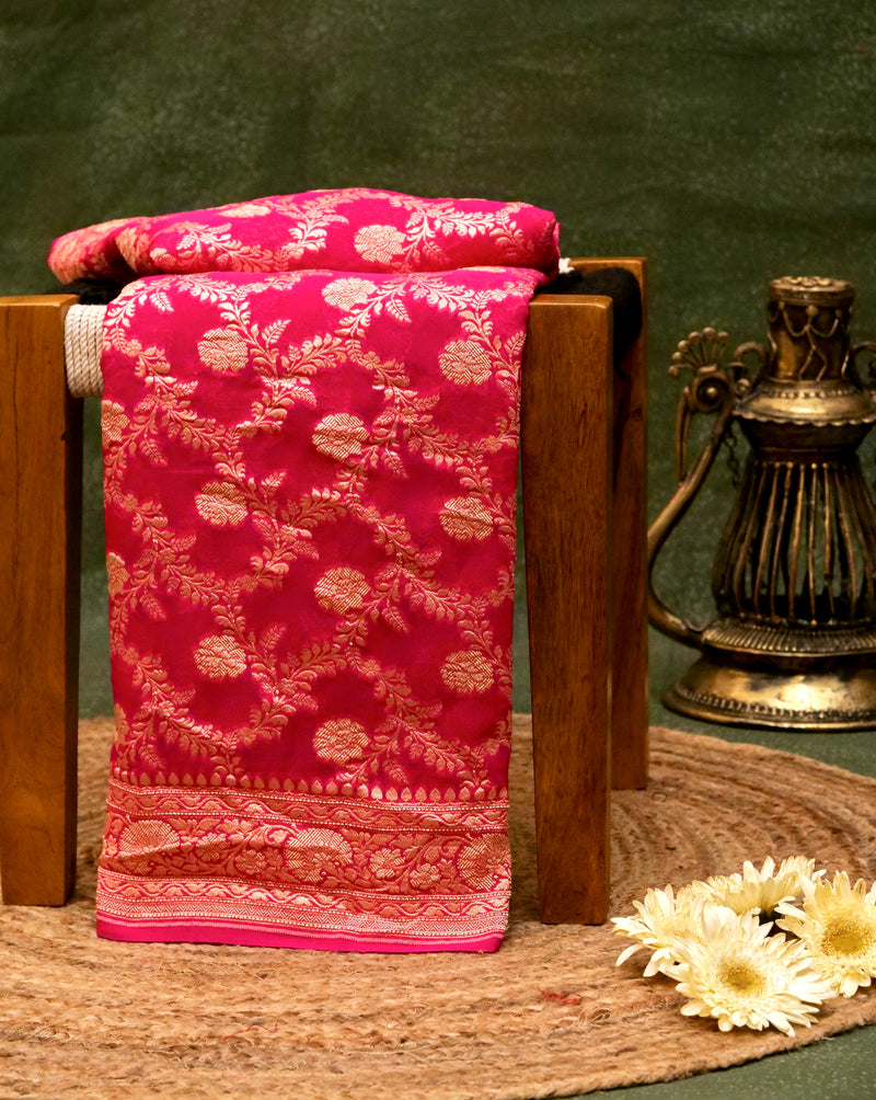 Handwoven Bright Pink Banarasi Khaddi Georgette Saree