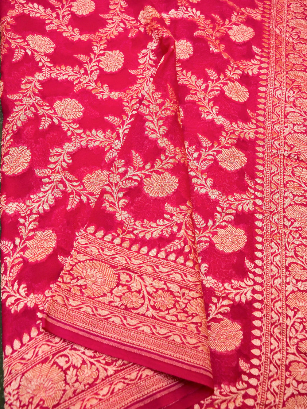 Handwoven Bright Pink Banarasi Khaddi Georgette Saree