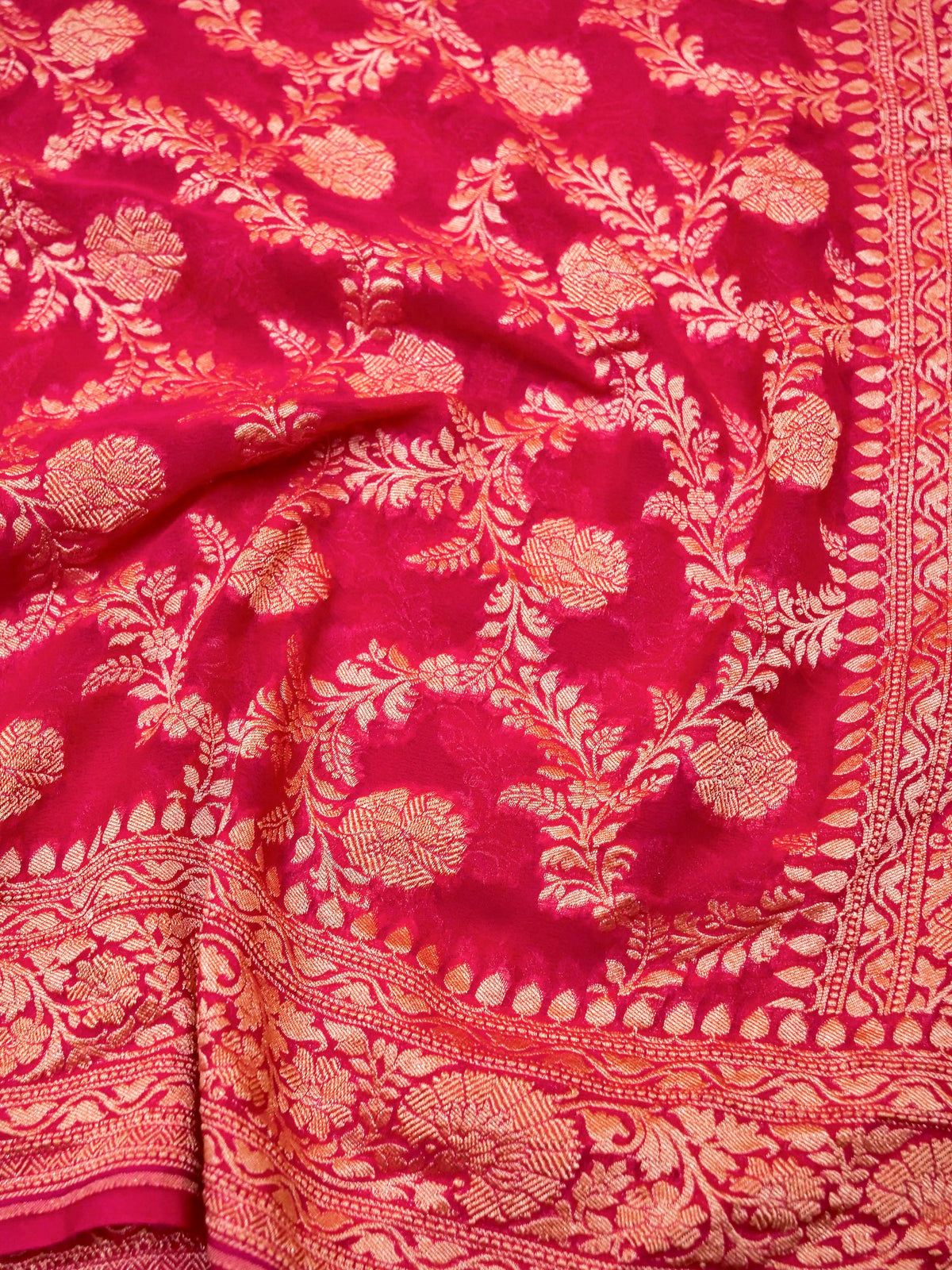 Handwoven Bright Pink Banarasi Khaddi Georgette Saree