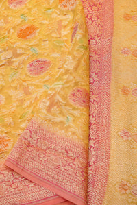 Handwoven Pastel Yellow Banarasi Khaddi Georgette Saree