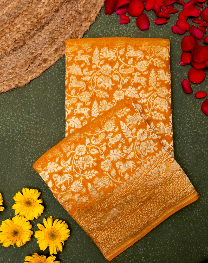 Handwoven Mustard Yellow Banarasi Khaddi Georgette Saree