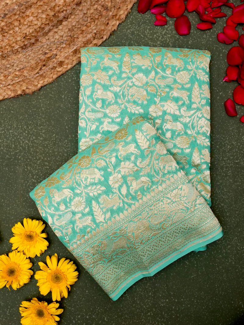 Handwoven Aqua Green Banarasi Khaddi Georgette Saree