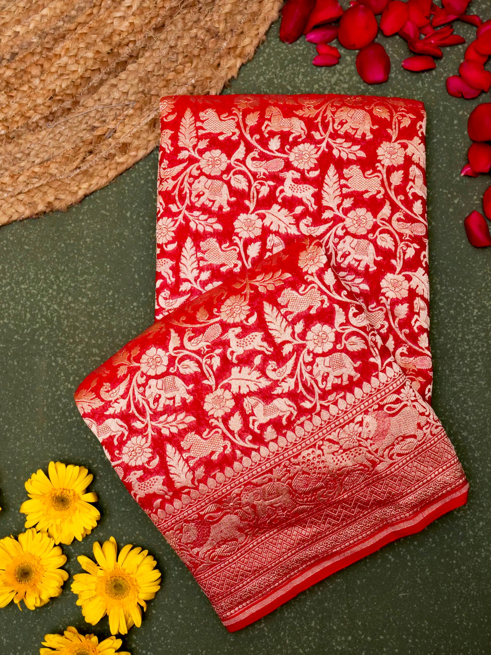 Handwoven Red Banarasi Khaddi Georgette Saree