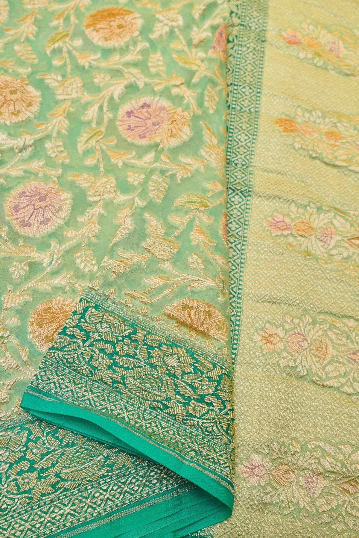 Handwoven Pastel Green Banarasi Khaddi Georgette Saree