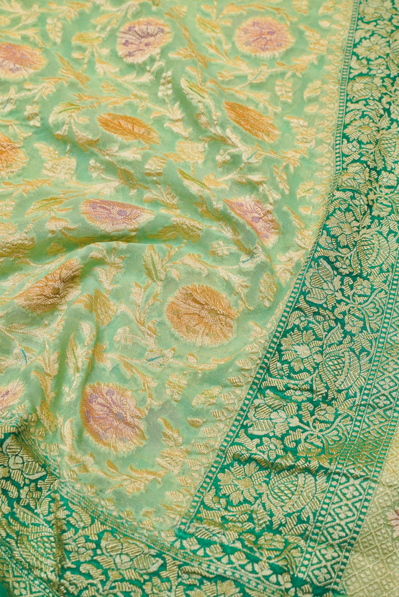 Handwoven Pastel Green Banarasi Khaddi Georgette Saree