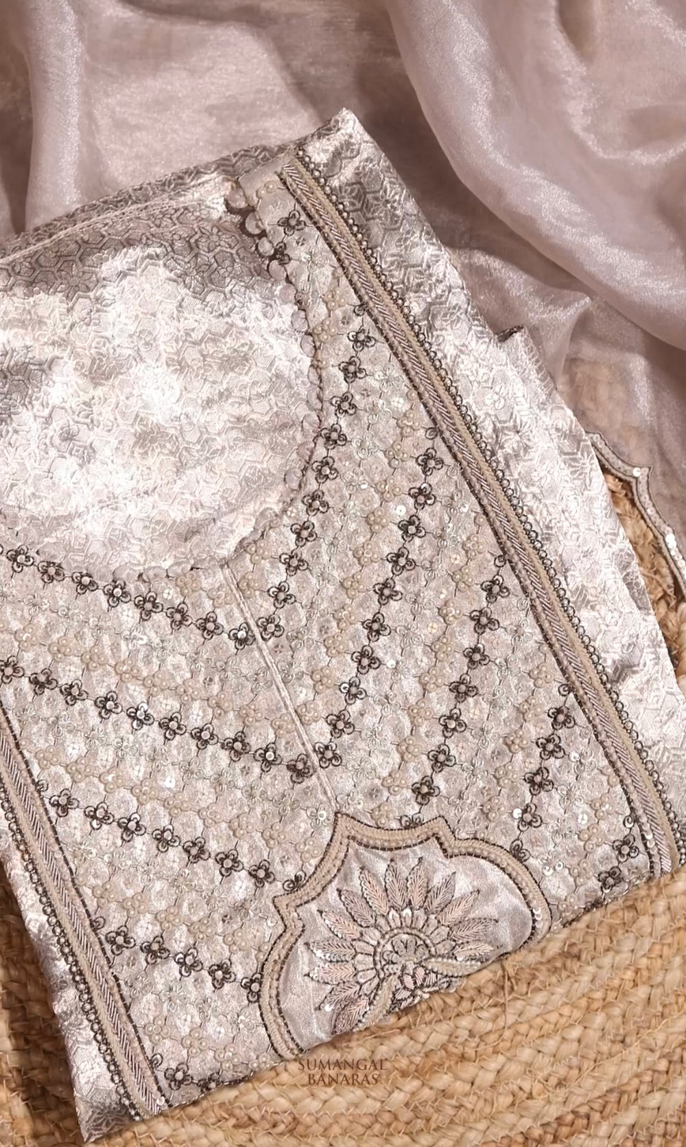 Designer Silver Brocade Tissue Silk Suit