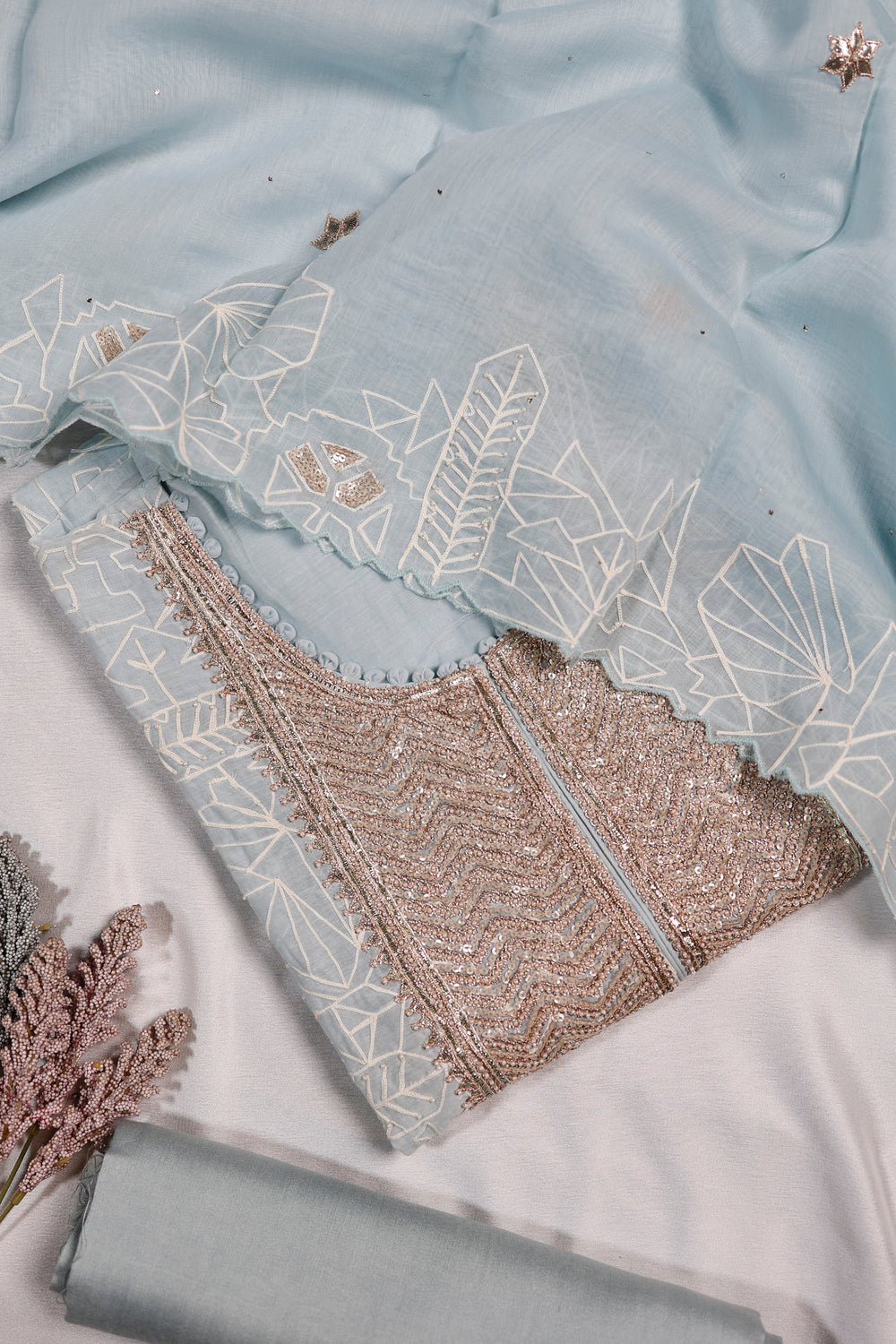Designer Powder Blue Mul Cotton Suit