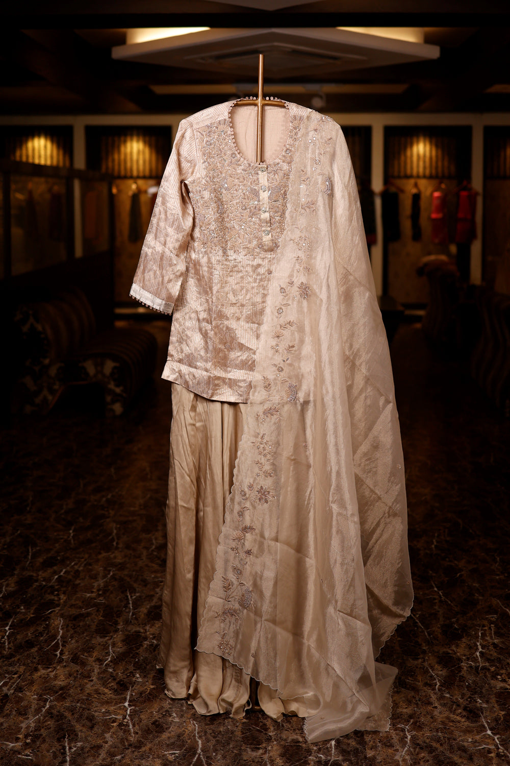 Designer Beige Brocade Silk Suit Set
