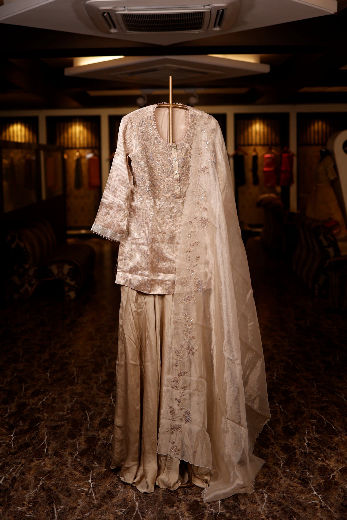 Designer Beige Brocade Silk Suit Set