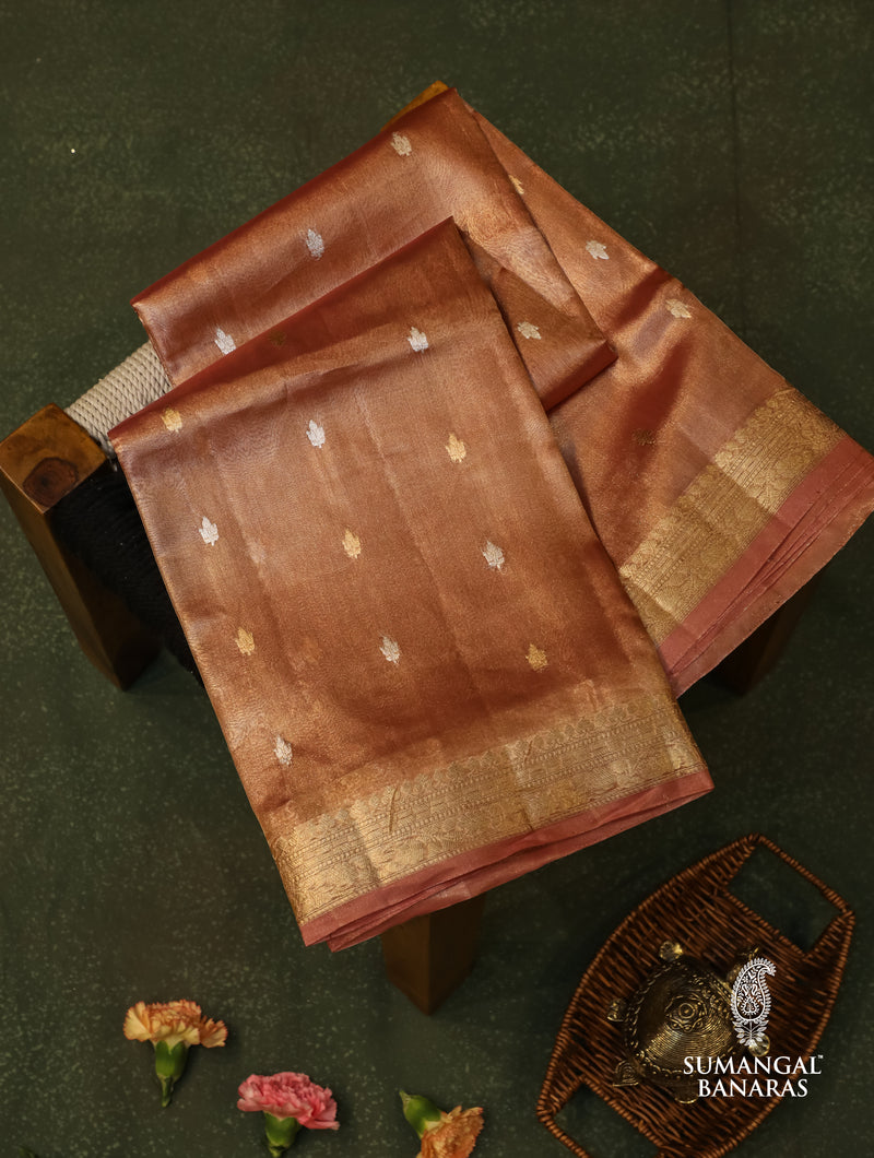 Handwoven Peach Banarasi Tissue Silk Saree