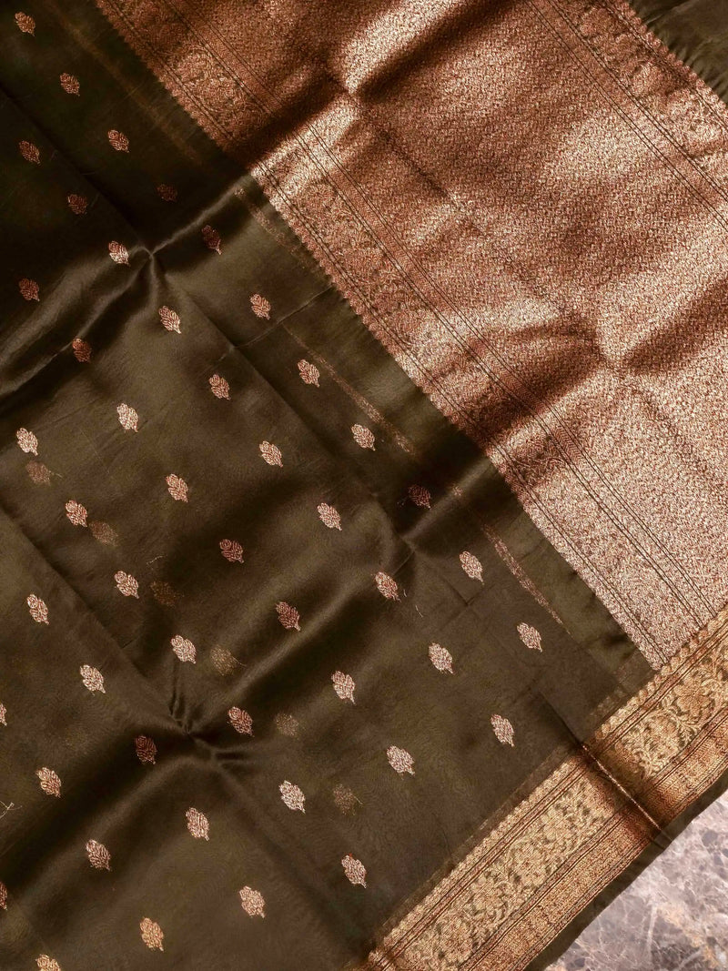 Handwoven Mud Green Banarasi Organza Kora Silk Saree