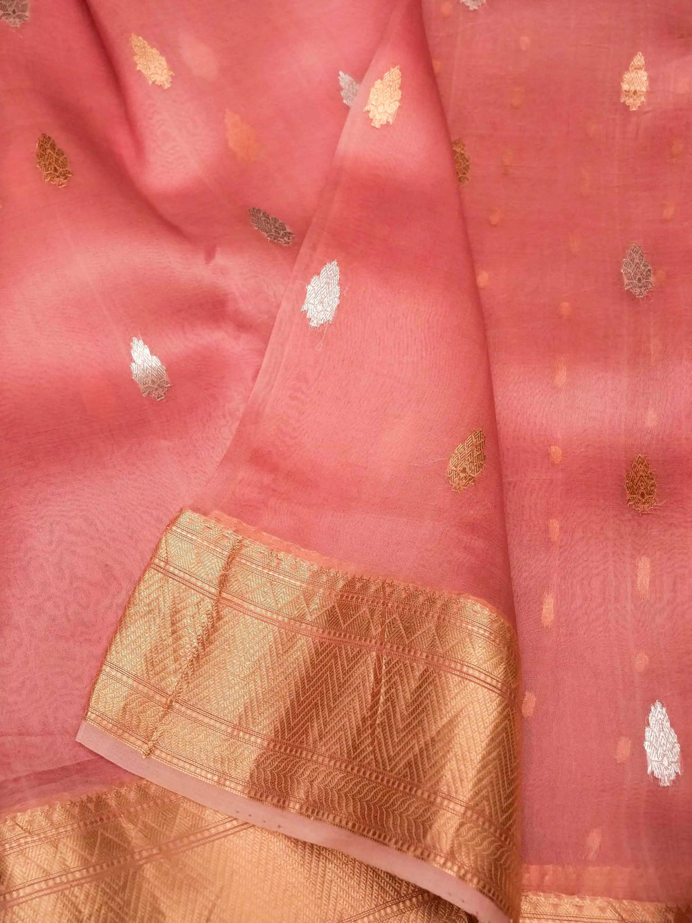Handwoven Light Pink Banarasi Organza Kora Silk Saree