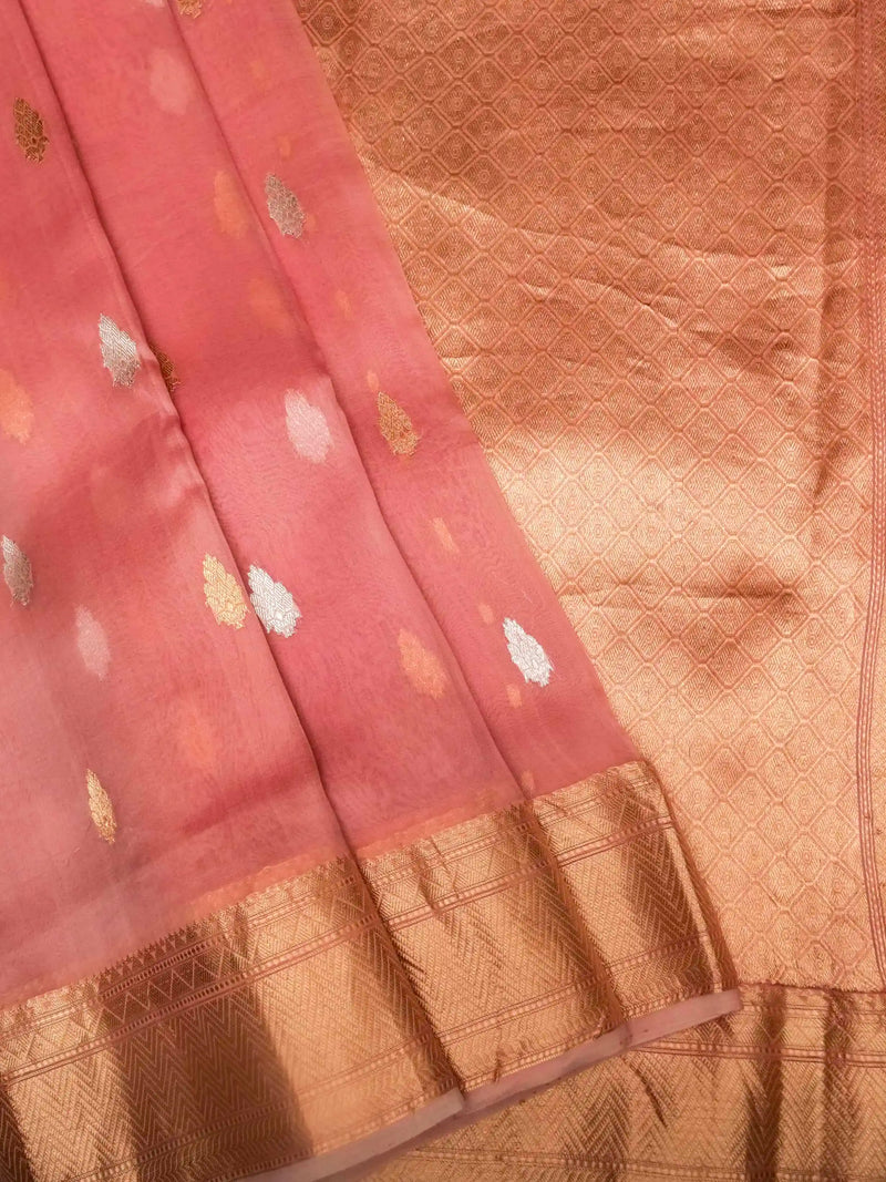Handwoven Light Pink Banarasi Organza Kora Silk Saree