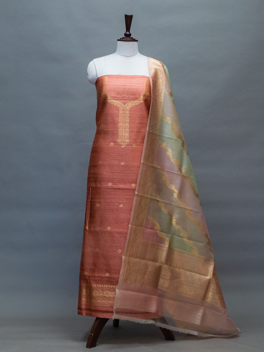 Handwoven Peach Banarasi Tussar Silk Suit