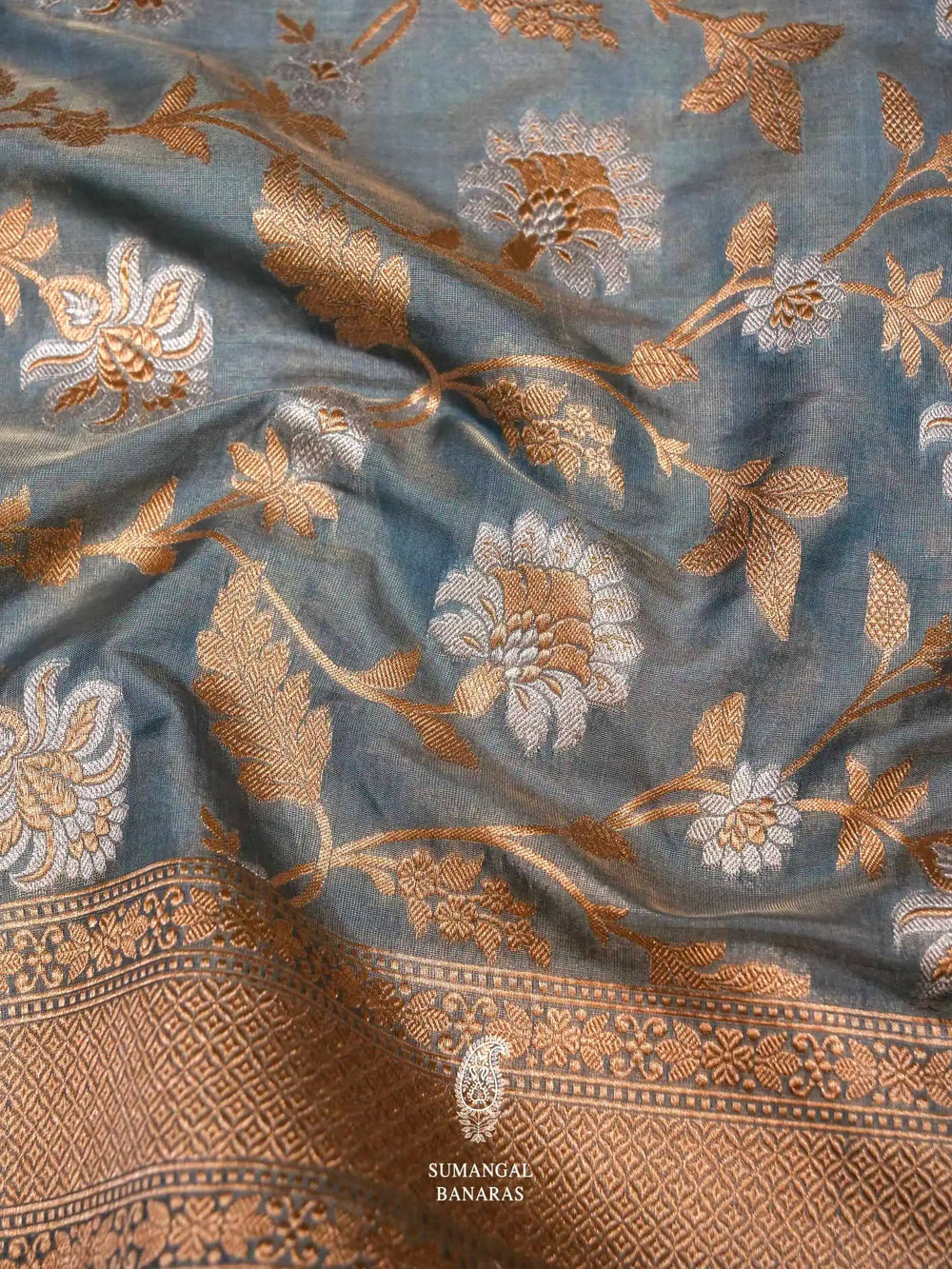 Handwoven Ice Blue Banarasi Tissue Katan Silk Saree