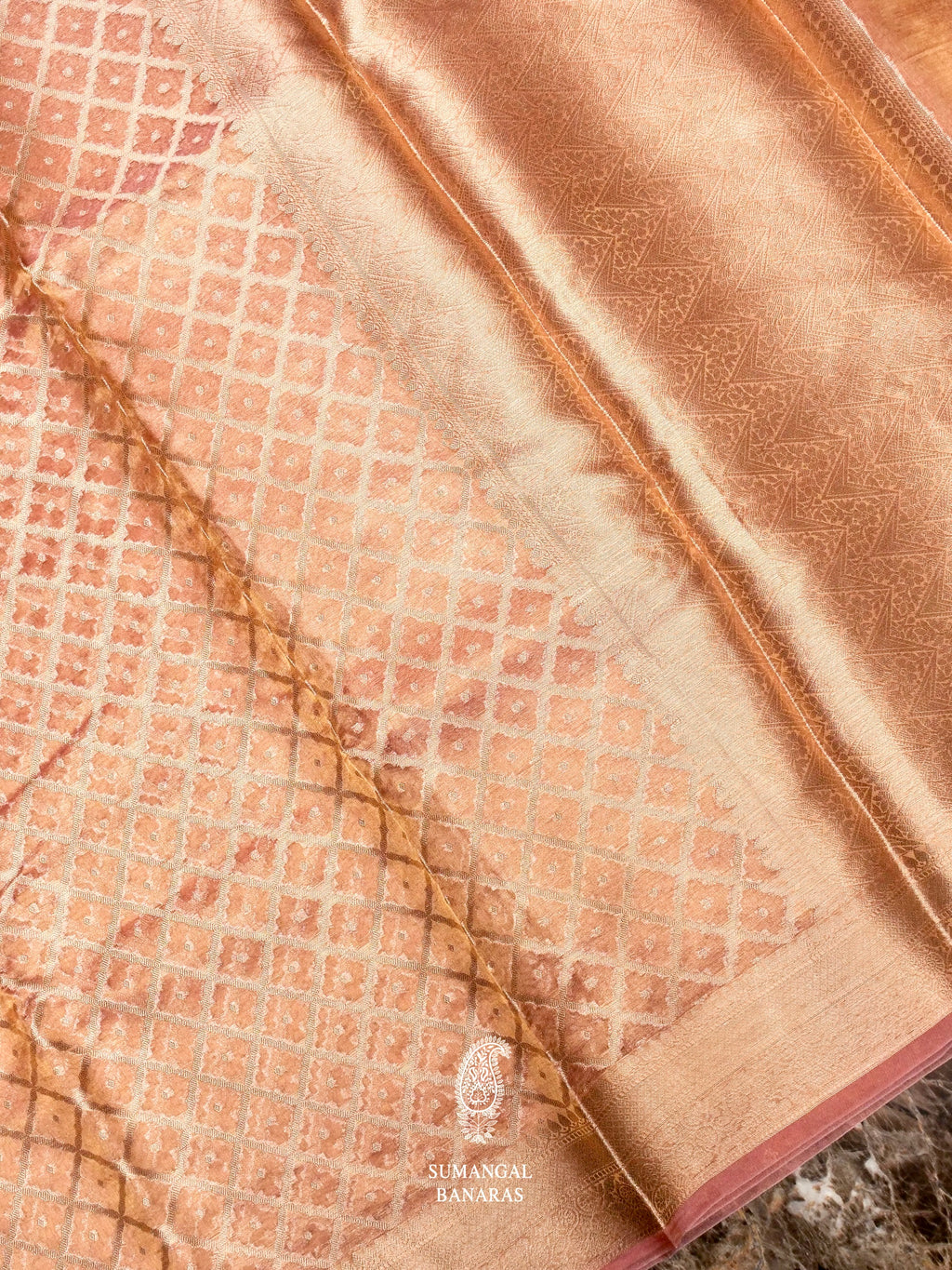 Banarasi Peach Blended Tissue Silk Saree