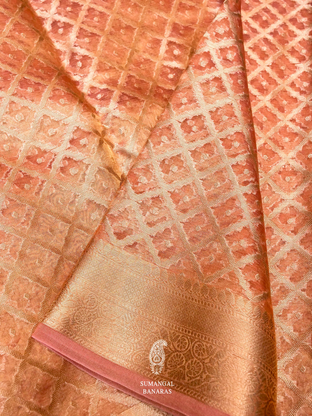 Banarasi Peach Blended Tissue Silk Saree