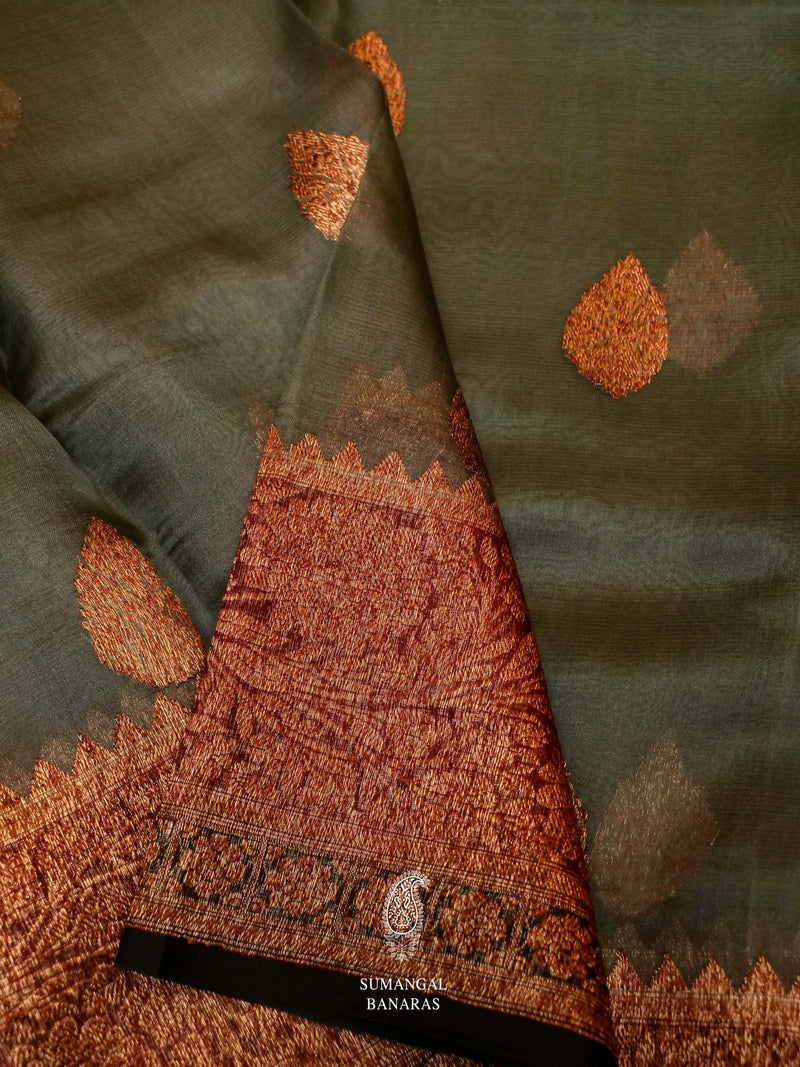 Handwoven Green Banarasi Kora Organza Saree