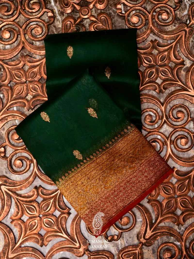 Handwoven Green Banarasi Kora Organza Saree