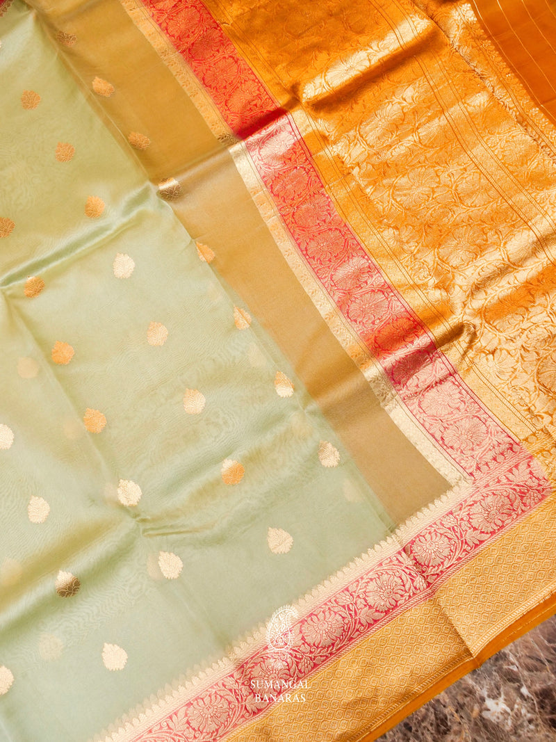 Handwoven Green Banarasi Kora Organza Saree
