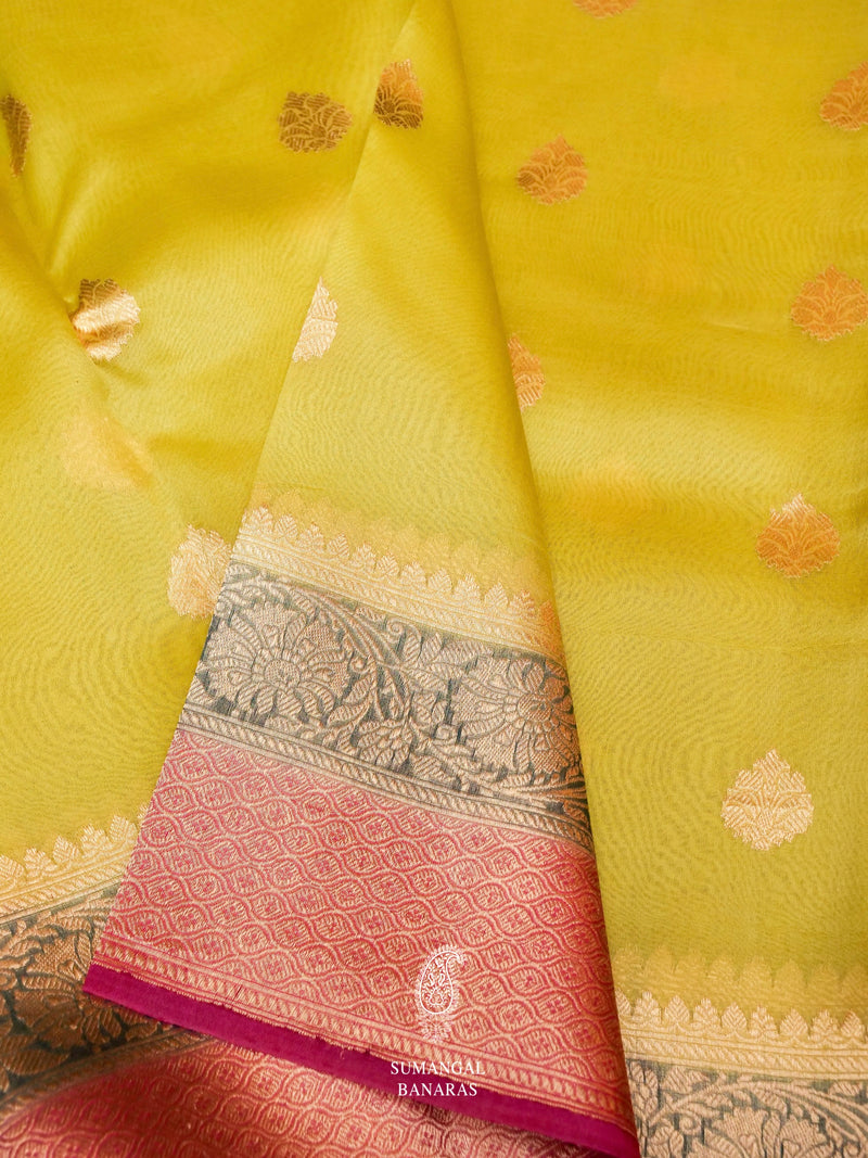 Handwoven Lemon Banarasi Kora Organza Saree