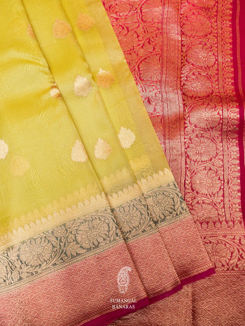 Handwoven Lemon Banarasi Kora Organza Saree