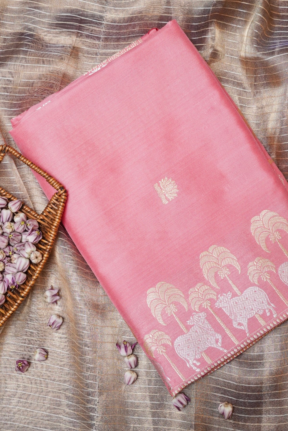 Handwoven Pink Banarasi Handloom Tussar Silk Saree