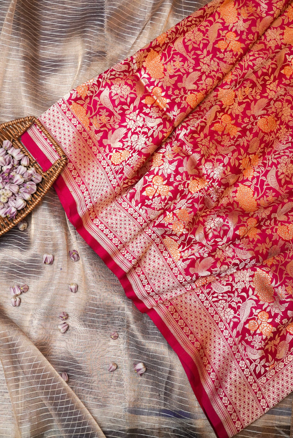 Handwoven Pinkish Red Banarasi Katan Soft Silk Saree