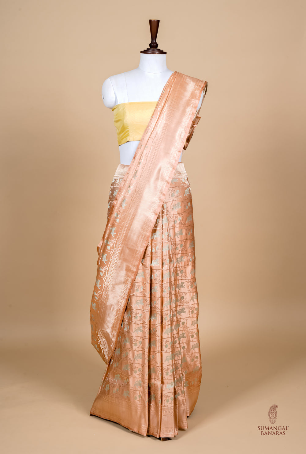 Handwoven Rose Gold Banarasi Mashru Katan Silk Saree