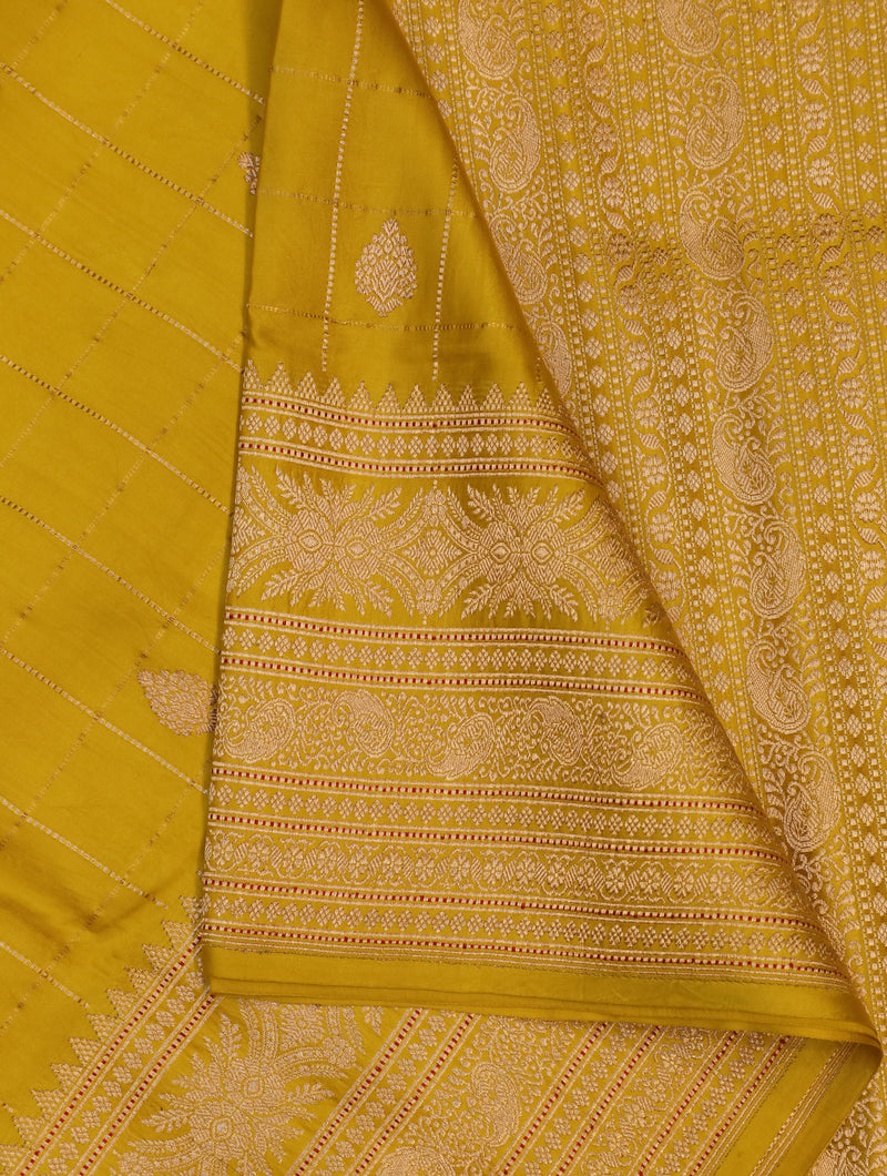 Handwoven Lemon Yellow Banarasi Mashru Silk Saree