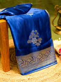 Handwoven Navy Blue Banarasi Mashru Silk Saree