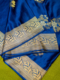 Handwoven Navy Blue Banarasi Mashru Silk Saree