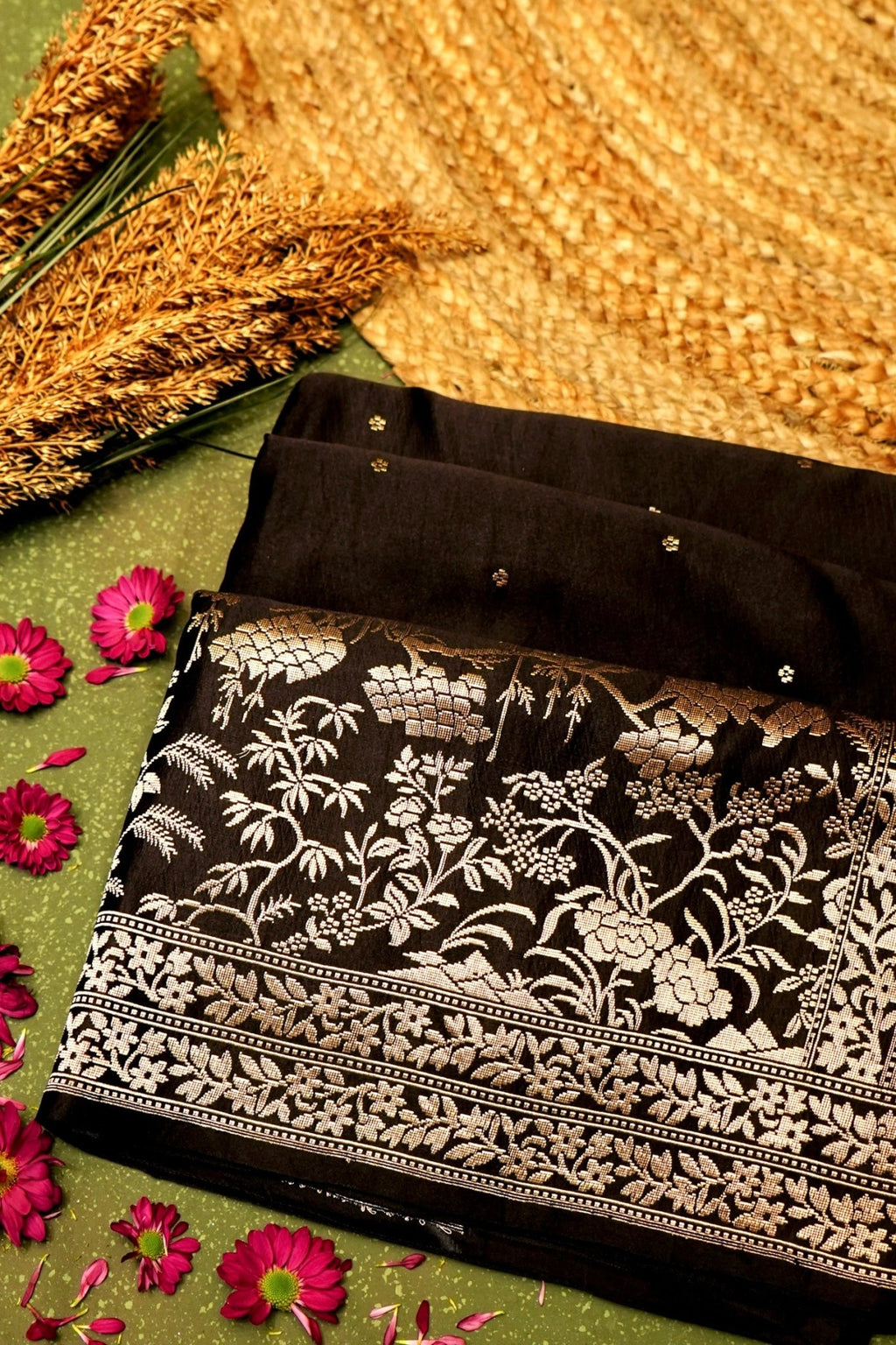 Handwoven Black Banarasi Mashru Silk Saree