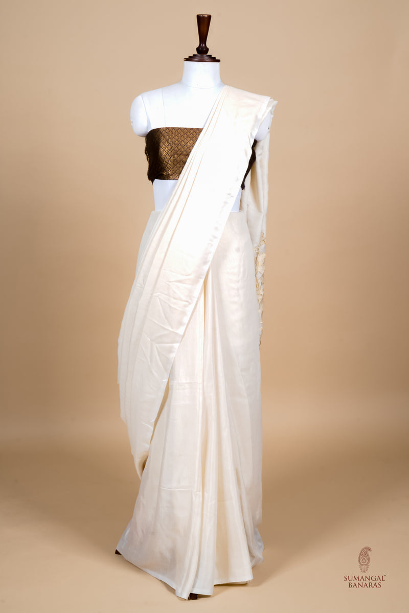 Handwoven White Banarasi Linen Tissue Silk Saree