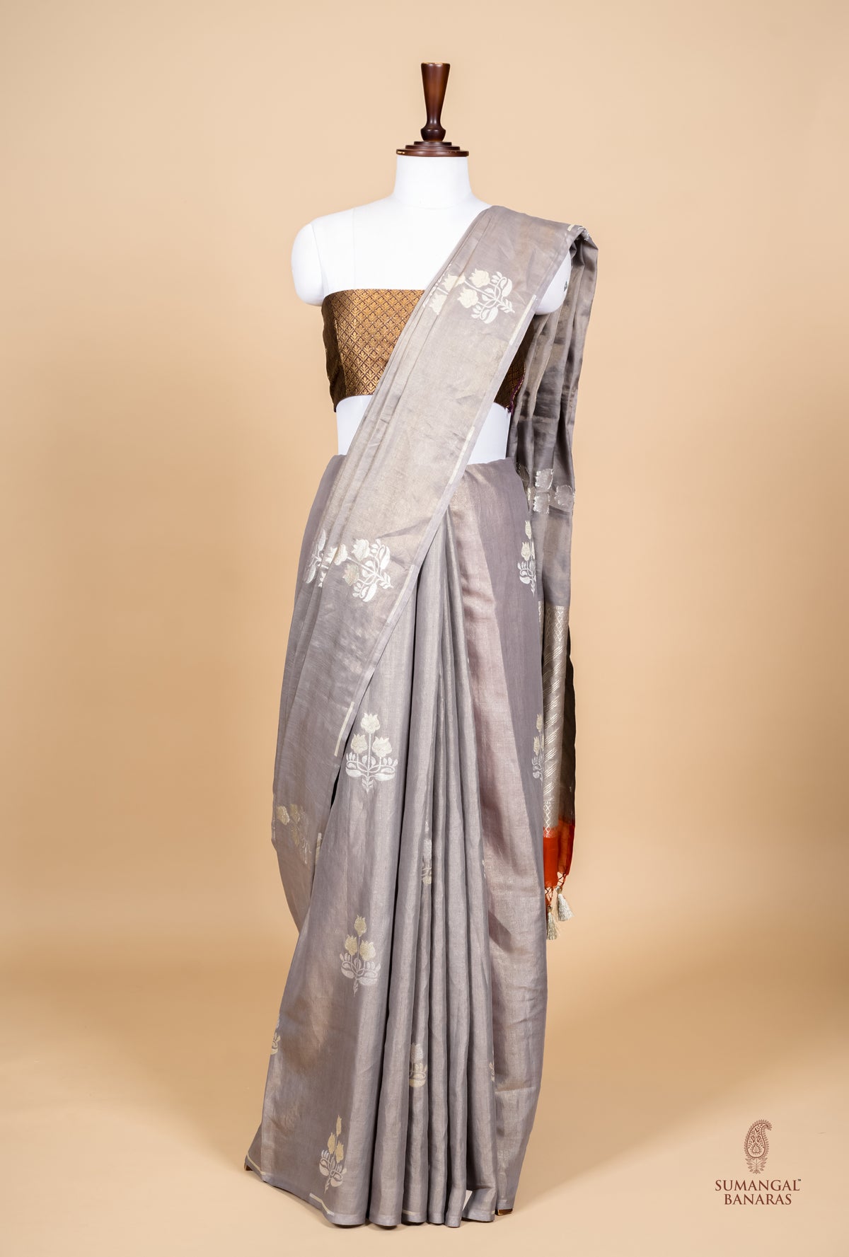 Handwoven Grey Banarasi Tissue Linen Silk Saree