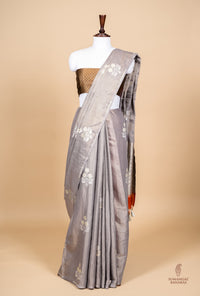 Handwoven Grey Banarasi Tissue Linen Silk Saree