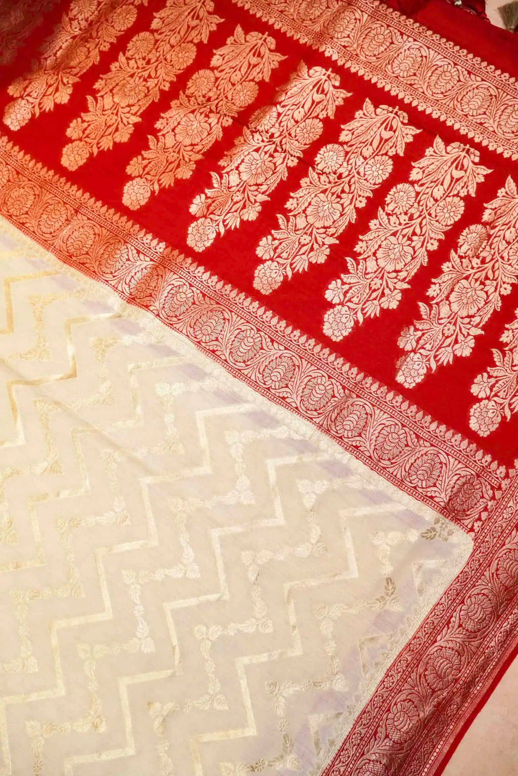 Handwoven Off White Banarasi Moonga Silk Saree