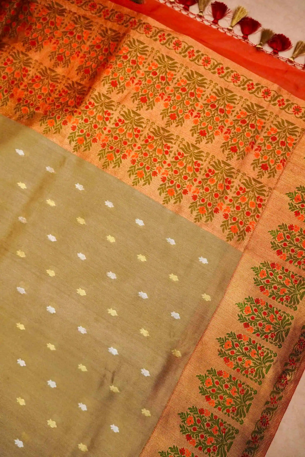 Handwoven Mud Green Banarasi Cotton Silk Saree