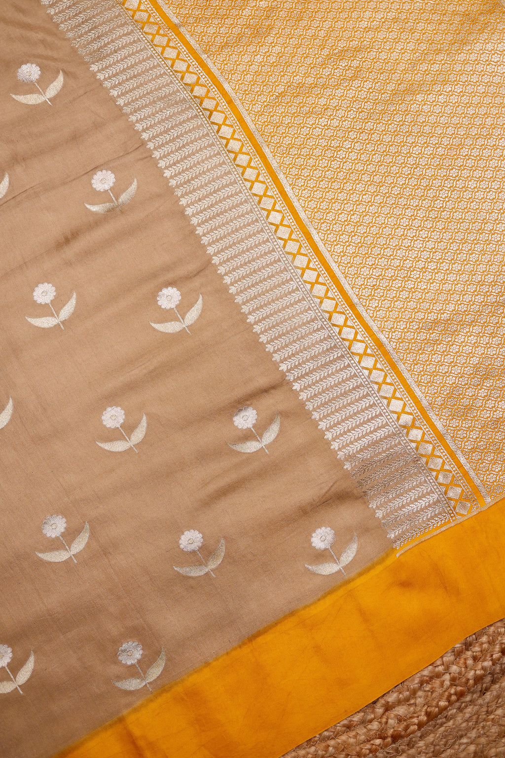 Handwoven Beige Banarasi Moonga Silk Saree