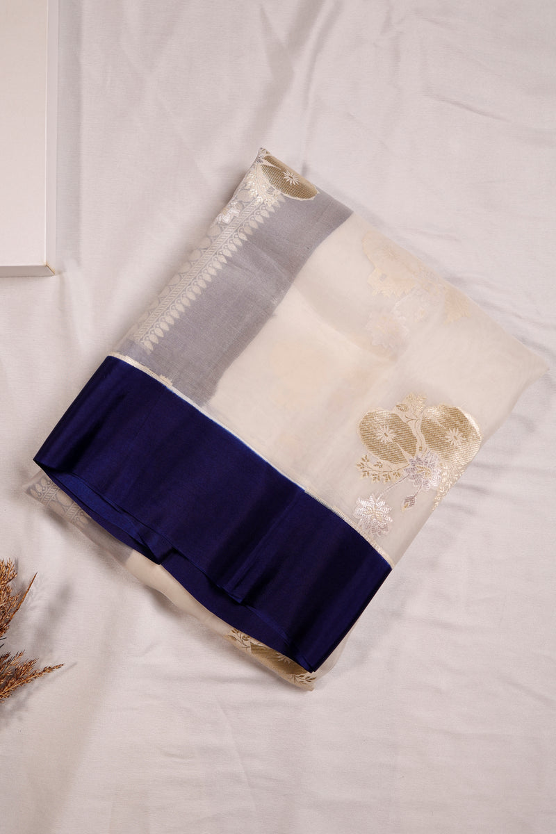 Handwoven Off White Banarasi Kora Silk Saree