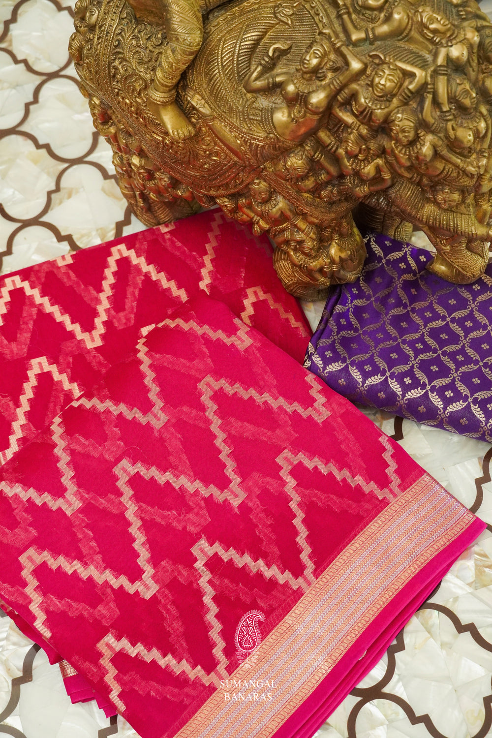 Handwoven Rani Pink Kora Organza Banarsi Silk Saree