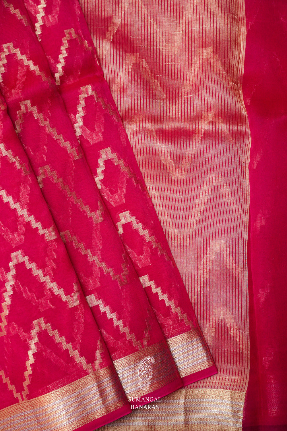 Handwoven Rani Pink Kora Organza Banarsi Silk Saree