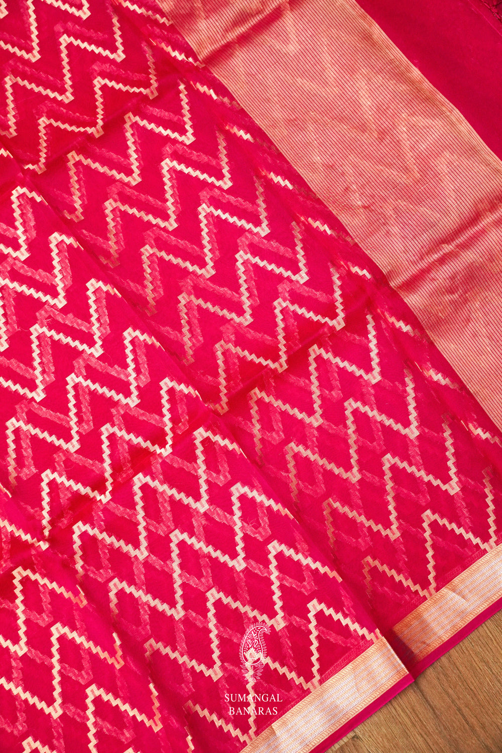 Handwoven Rani Pink Kora Organza Banarsi Silk Saree