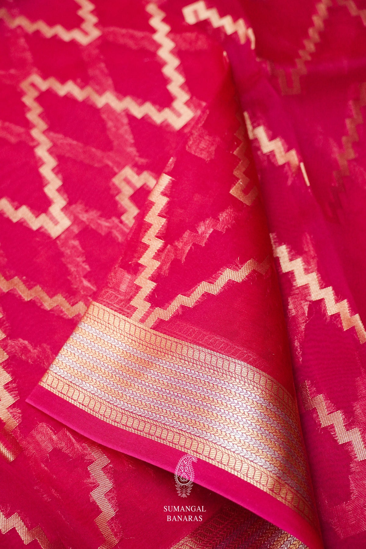 Handwoven Rani Pink Kora Organza Banarsi Silk Saree