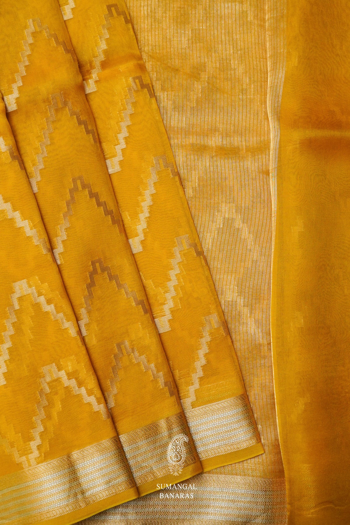 Handwoven Yellow Kora Organza Banarsi Silk Saree