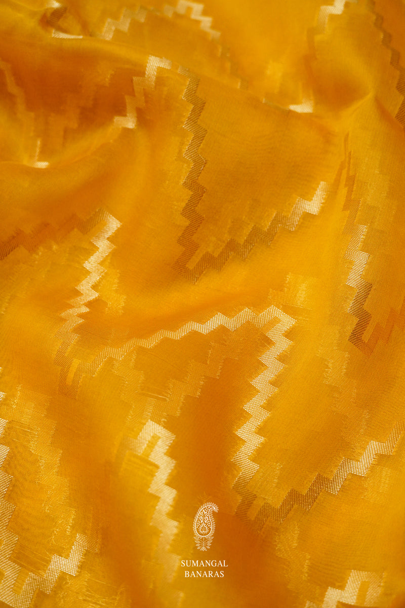 Handwoven Yellow Kora Organza Banarsi Silk Saree