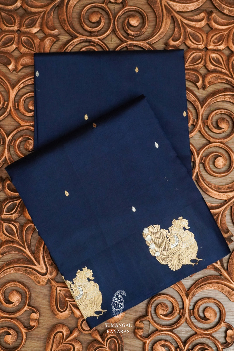 Handwoven Navy Blue Katan Silk Banarsi Saree
