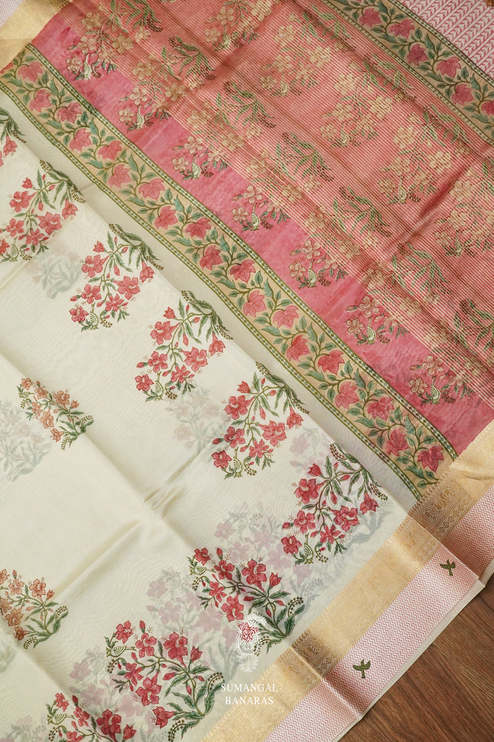 Handwoven Dove White Banarsi Silk Saree